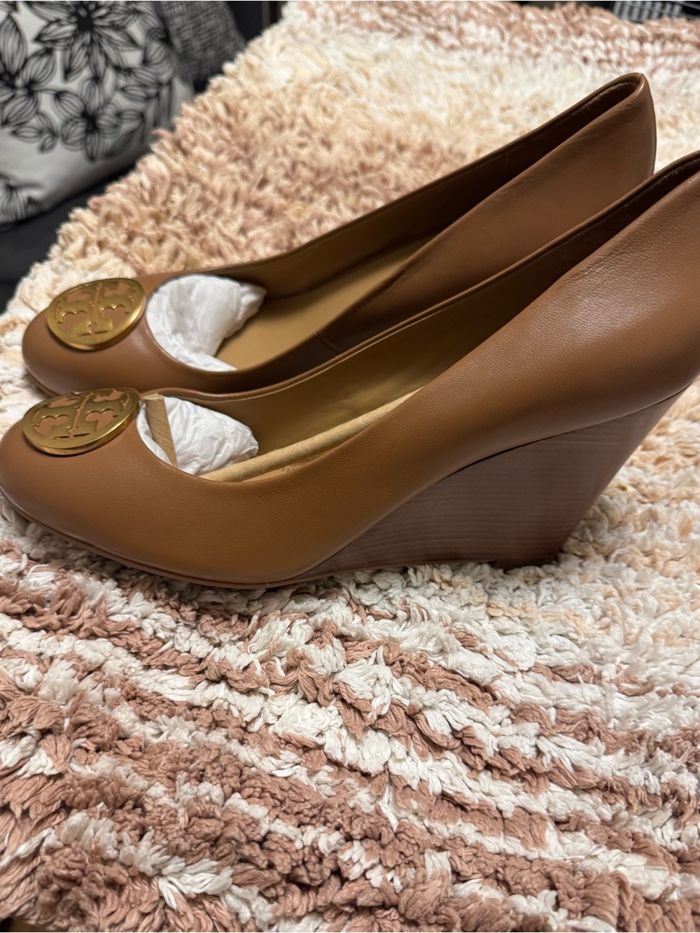 Tory Burch Brown Leather Wedge Pumps with Gold Logo Medallion